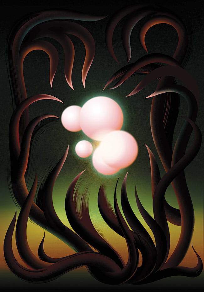 Illustration of glowing spheres surrounded by menacing dark tentacles