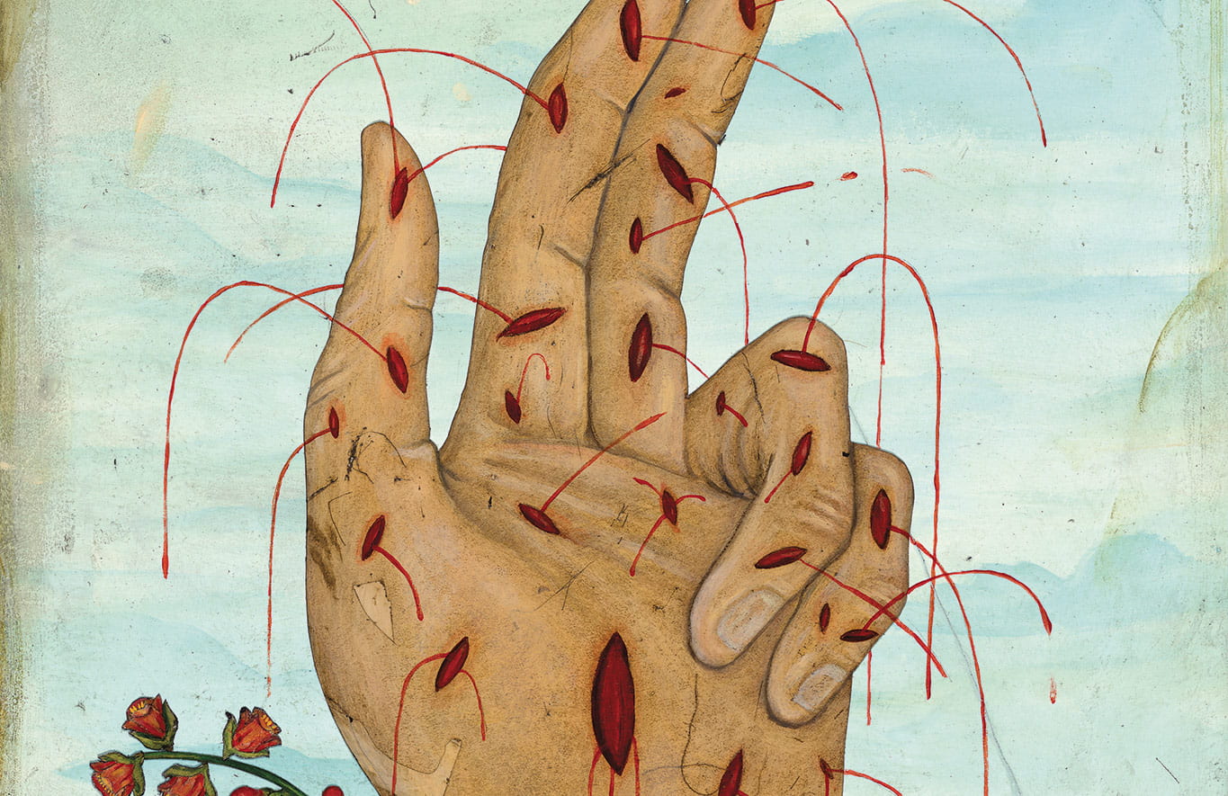 Illustration of a hand gesturing for benediction, with stigmatta cuts spouting blood to feed pernicious and slightly threatening plants and two fluffy sheep