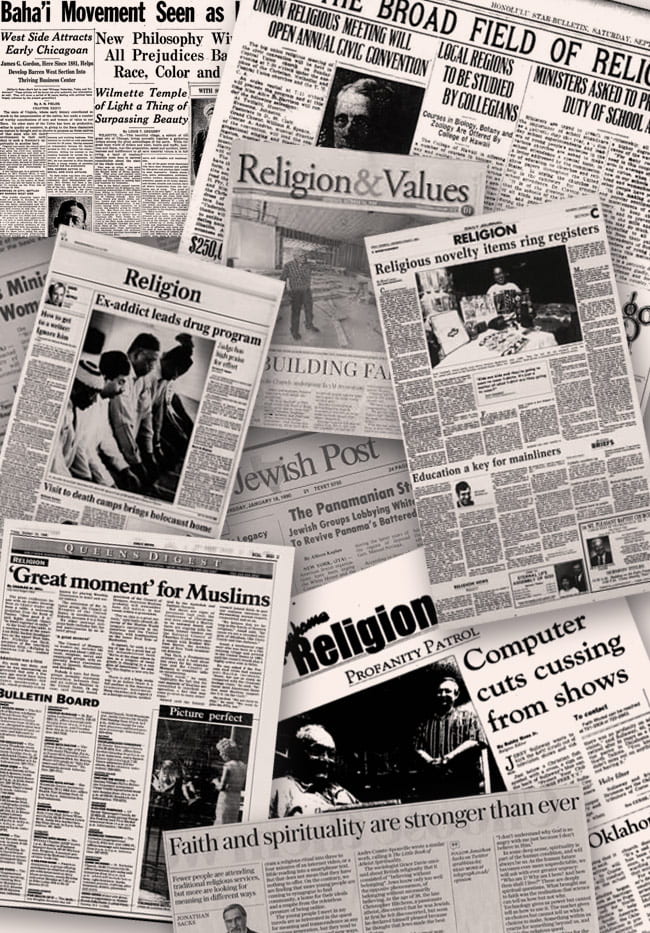 Collage of newspapers with religion headlines