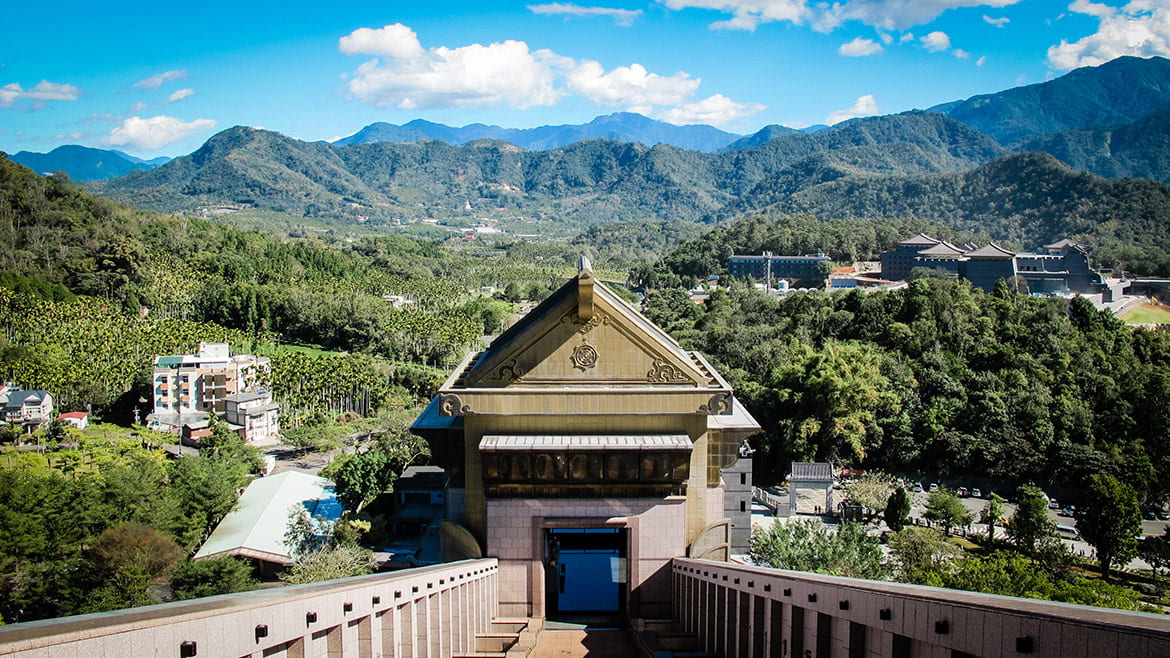 View of the mountains surrounding a monastery
