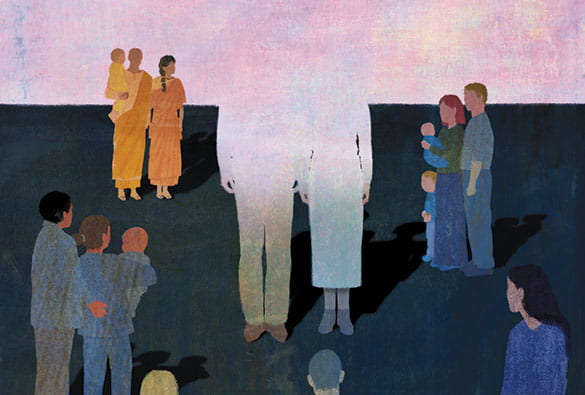 Illustration of an childless couple blending in to the light, surrounded by families
