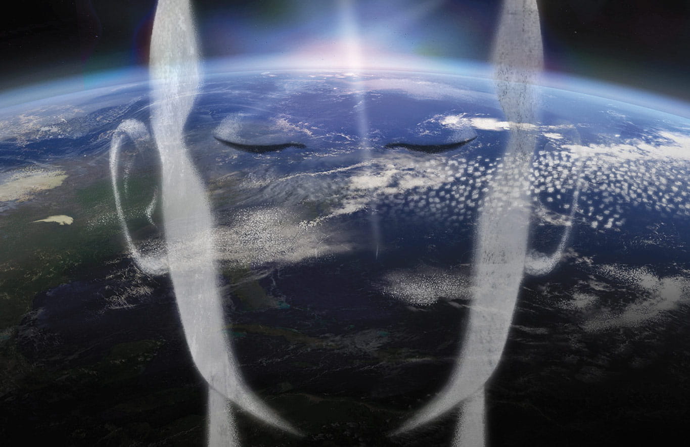 Illustration of a meditating human face superimposed on the planet earth.
