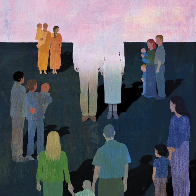 Illustration of a childless couple blending in to the light, surrounded by families