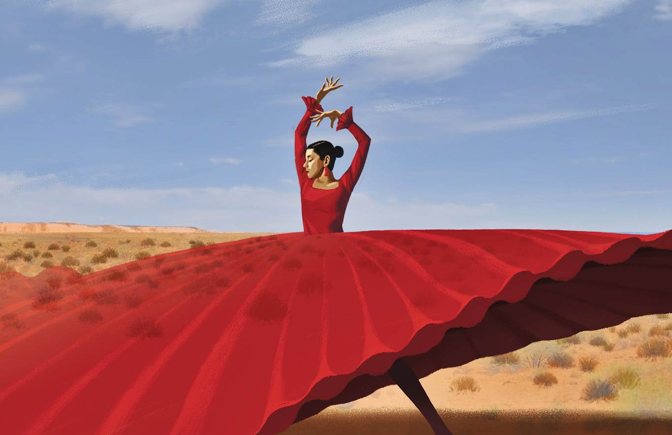 Illustration of a flamenco dancer in a wide red dress that blends into a desert landscape