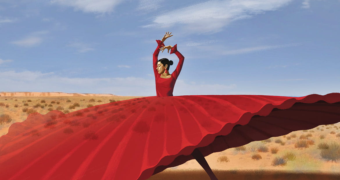 Flamenco Dancer is wide red dress that blends into a desert landscape