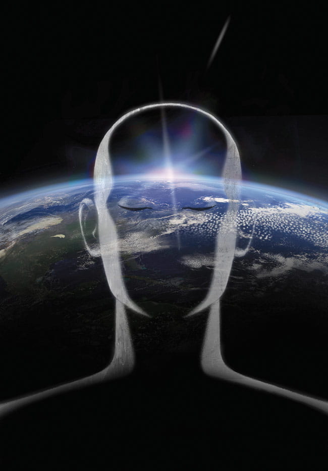 Illustration of a meditating person superimposed on the planet earth.