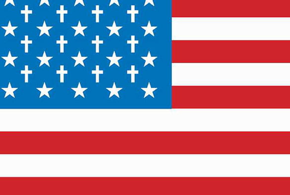 detail from illustration of an American flag with crosses mixed in with the stars on the blue background
