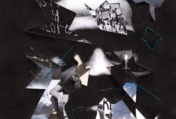 Collage illustration with ghostly image of George Floyd sewn together with protest images