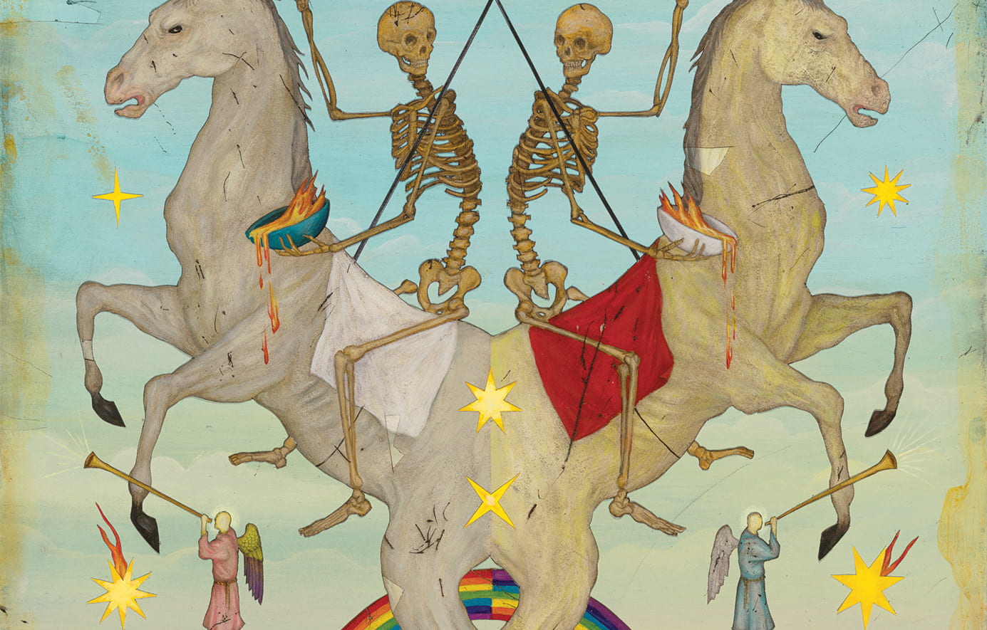 Illustration of with two skeletons riding pale horses, mirroring each other, surrounded by apocalyptic imagery