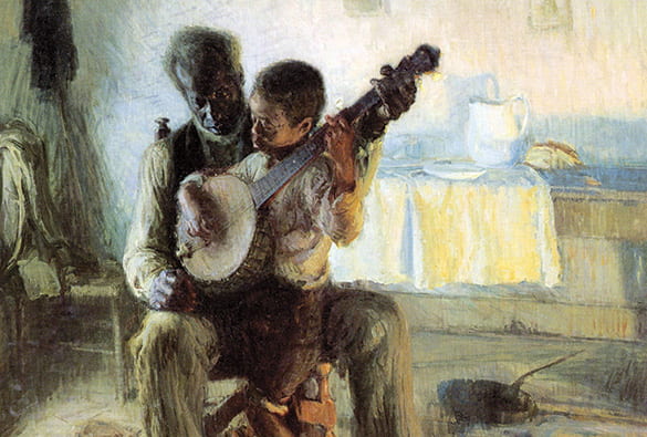 Painting of older Black man with young boy nestled on his lap, learning the banjo in their kitchen