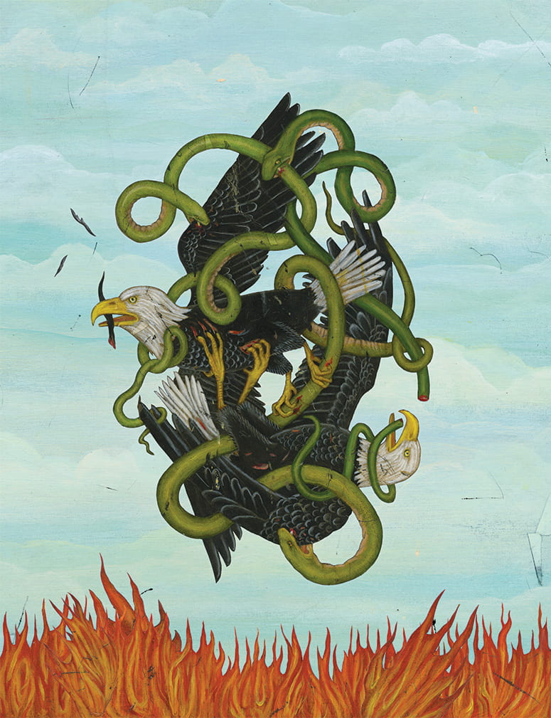 Two eagles and snakes entangled with each other, fighting, over flames