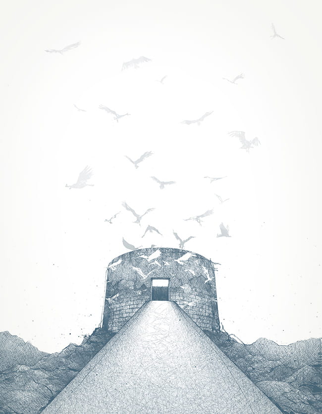 Illustration of burial tower glowing with light, with vultures flying around and above it
