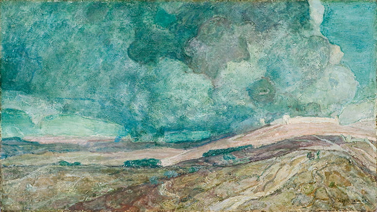 Landscape painting of gently rolling hills with storm clouds over them. Town walls are faintly visible on the hilltop