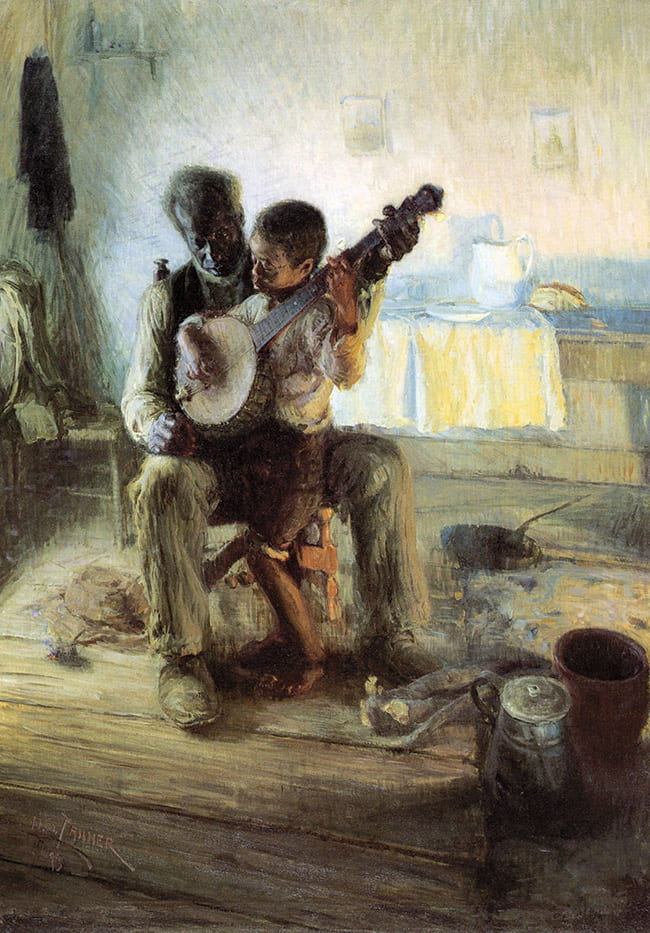 Painting of older Black man with young boy nestled on his lap, learning the banjo