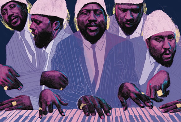 Illustration with multiple figures of Thelonious Monk behind a single keyboard, his fingers dancing across the keys