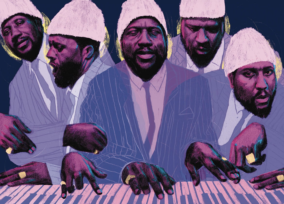 Illustration with multiple figures of Thelonious Monk behind a single keyboard, his fingers dancing across the keys